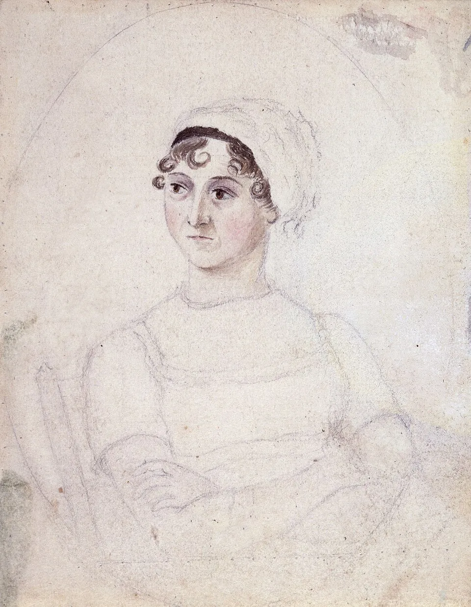 Watercolor and pencil sketch of Jane Austen, seated with arms crossed, by her sister Cassandra