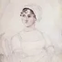 Watercolor and pencil sketch of Jane Austen, seated with arms crossed, by her sister Cassandra