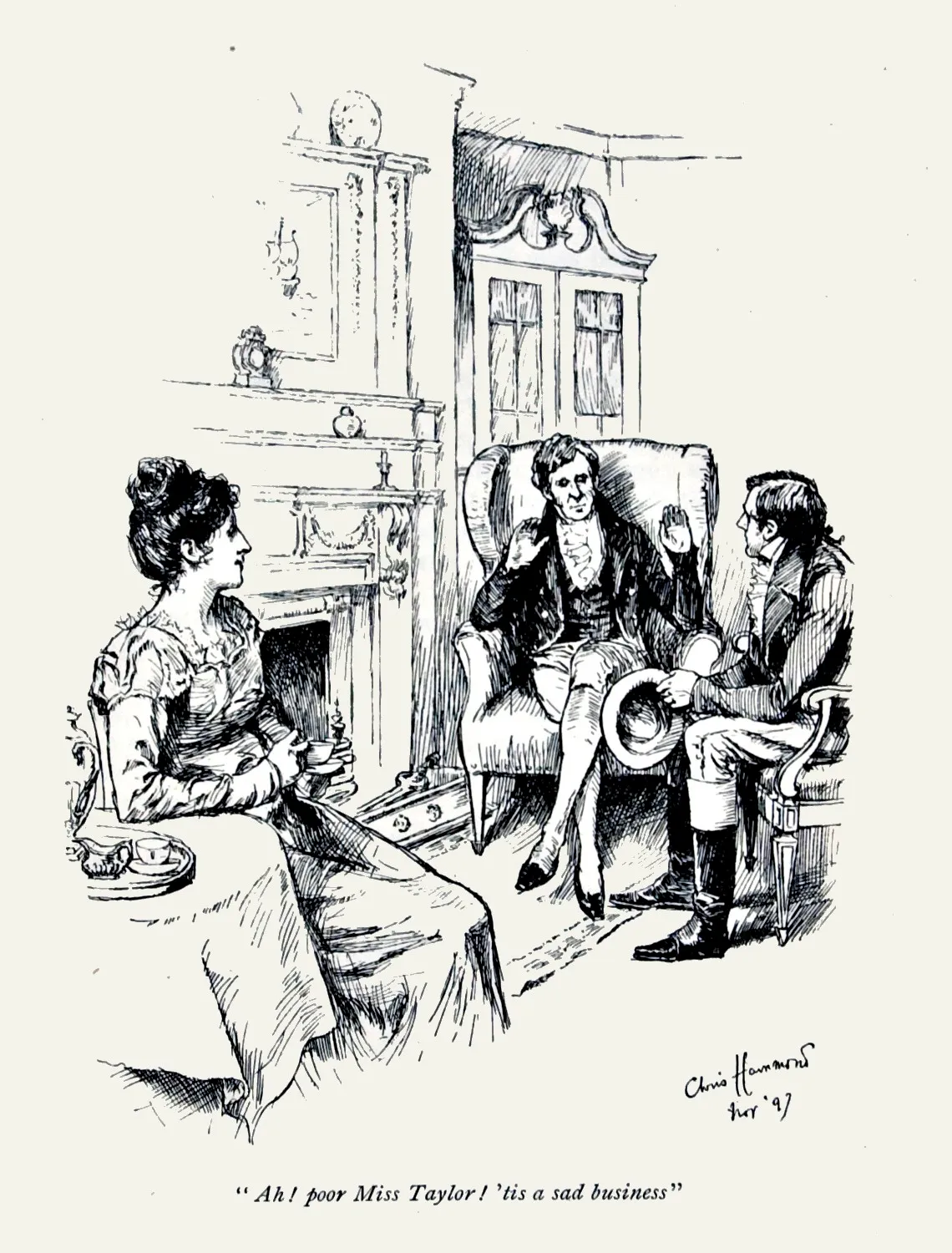 Mr. Woodhouse seated in an armchair lamenting to Mr. Knightley while Emma listens by the fireplace, pen-and-ink illustration
