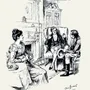 Mr. Woodhouse seated in an armchair lamenting to Mr. Knightley while Emma listens by the fireplace, pen-and-ink illustration