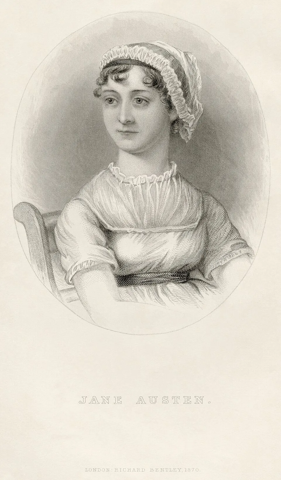 Idealized Victorian engraving of Jane Austen with softened features, from the 1870 Memoir