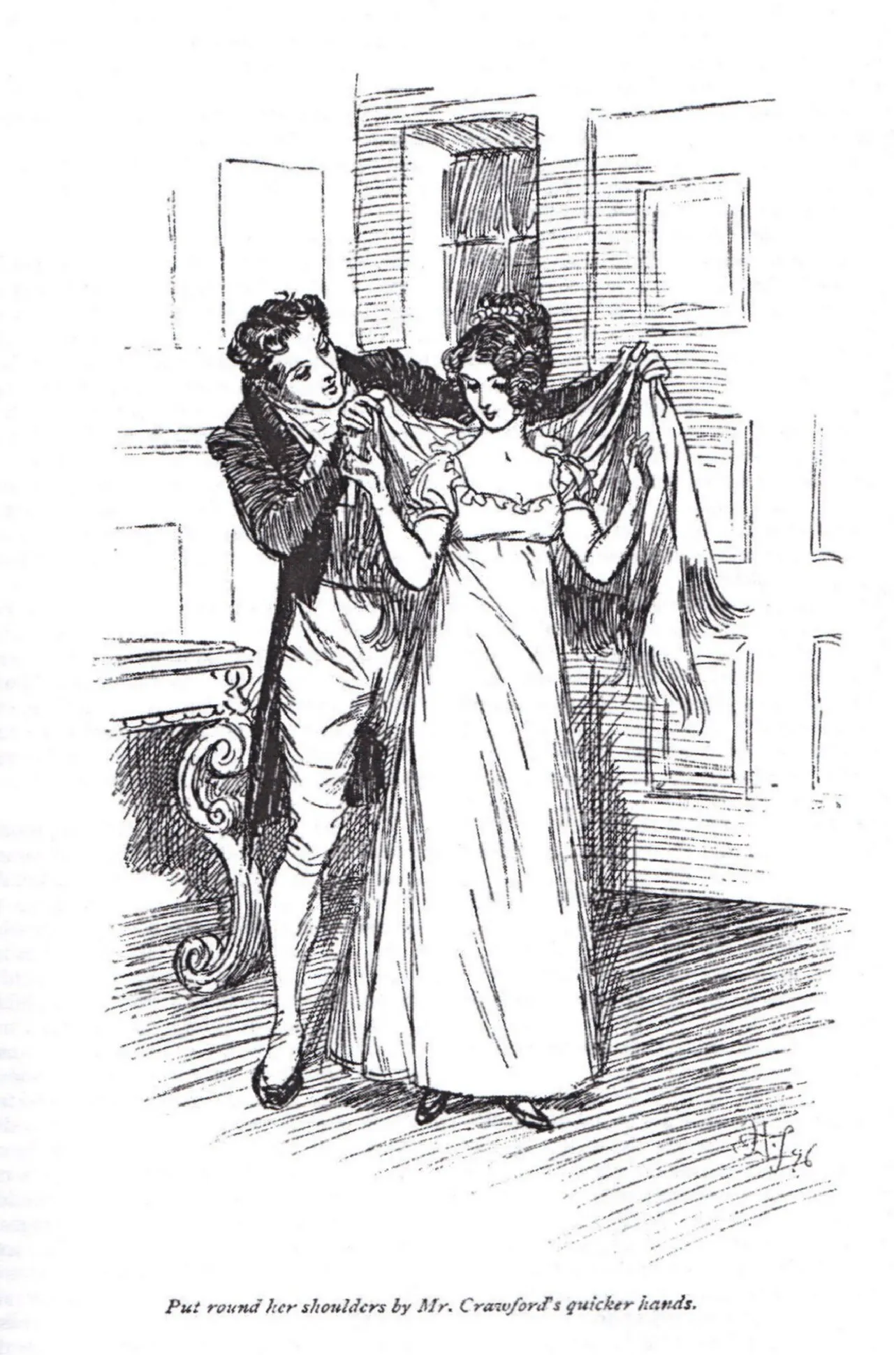 Henry Crawford placing a shawl around Fanny Price's shoulders in a doorway, pen-and-ink illustration