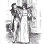 Henry Crawford placing a shawl around Fanny Price's shoulders in a doorway, pen-and-ink illustration