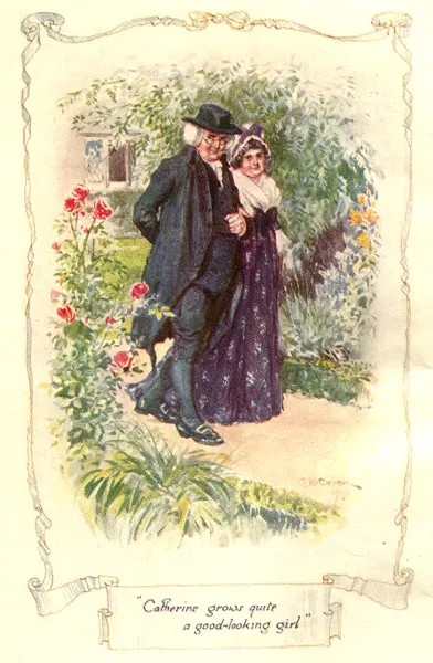 Mr. Allen walking arm in arm with a young Catherine Morland through a rose garden, watercolor illustration
