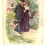 Mr. Allen walking arm in arm with a young Catherine Morland through a rose garden, watercolor illustration