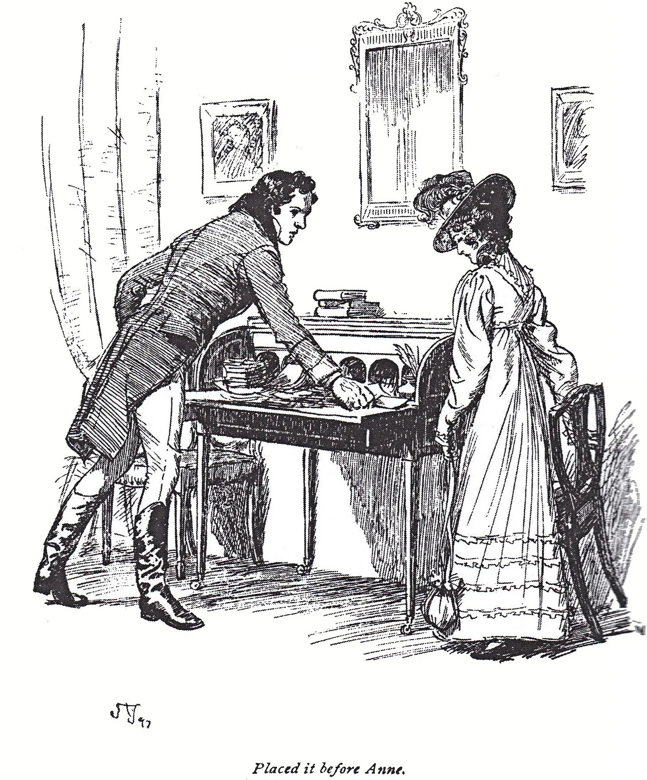 Captain Wentworth placing his letter on a writing desk before Anne Elliot, pen-and-ink illustration