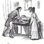 Captain Wentworth placing his letter on a writing desk before Anne Elliot, pen-and-ink illustration