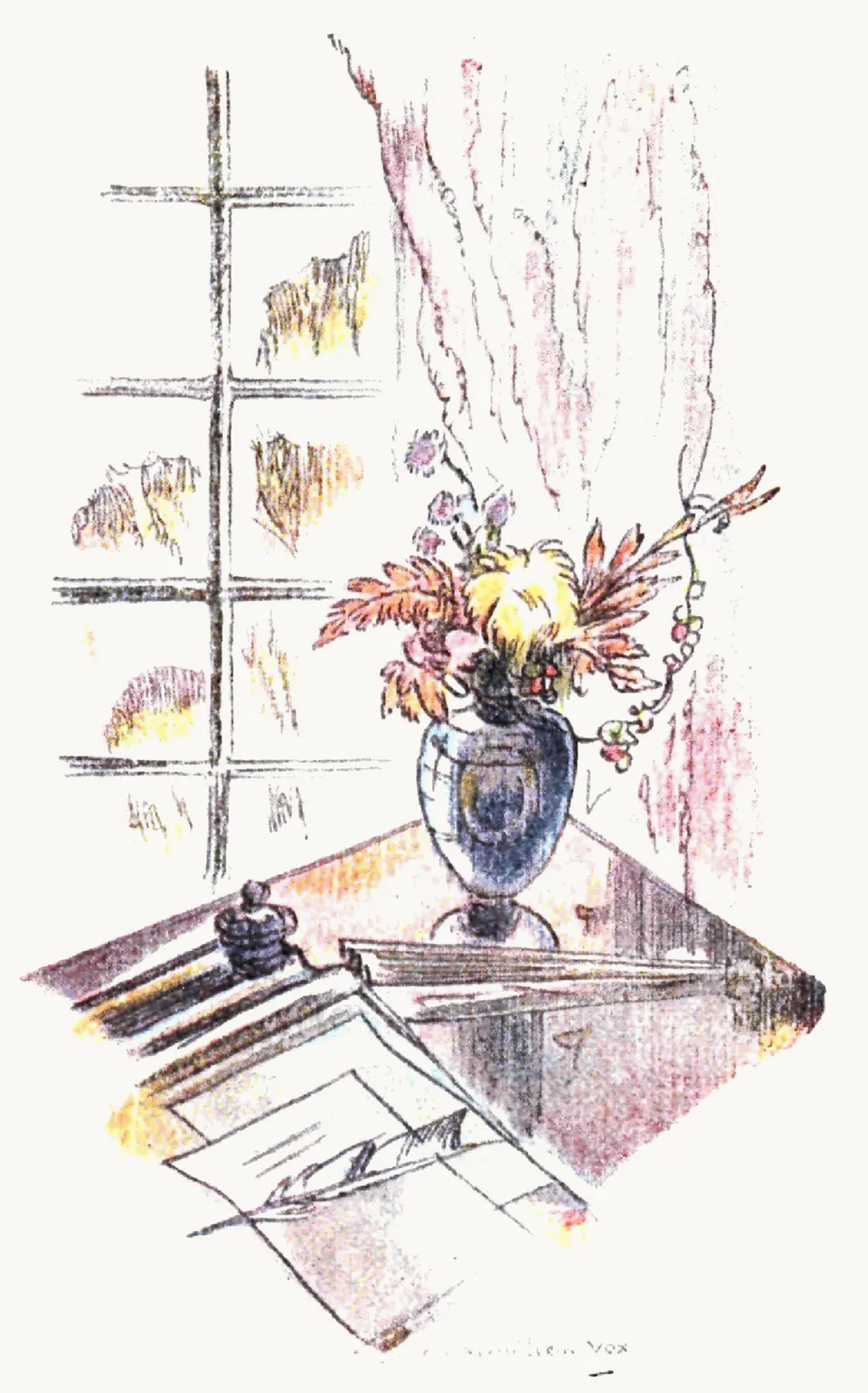 A watercolor still life of a writing desk with a quill, papers, and a vase of autumn flowers by a window