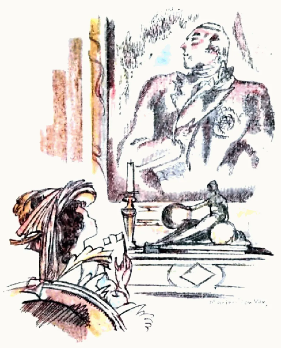 A woman by candlelight looking up at a large framed portrait of a gentleman, watercolor illustration