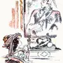 A woman by candlelight looking up at a large framed portrait of a gentleman, watercolor illustration