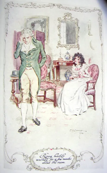 A man in a green coat rising abruptly and pacing the room while a seated woman in white watches him, watercolor illustration