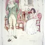 A man in a green coat rising abruptly and pacing the room while a seated woman in white watches him, watercolor illustration