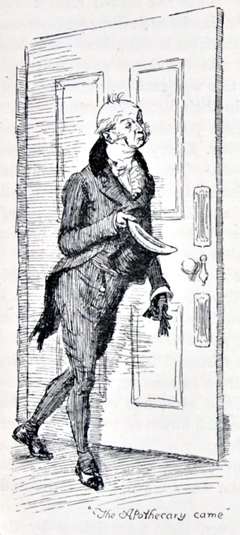 An elderly apothecary hurrying through a doorway with his case, pen-and-ink illustration