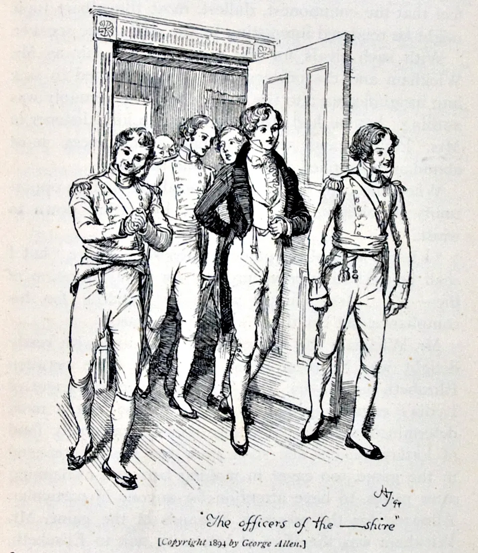 A group of militia officers in uniform walking through a doorway, pen-and-ink illustration