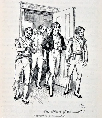 A group of militia officers in uniform walking through a doorway, pen-and-ink illustration