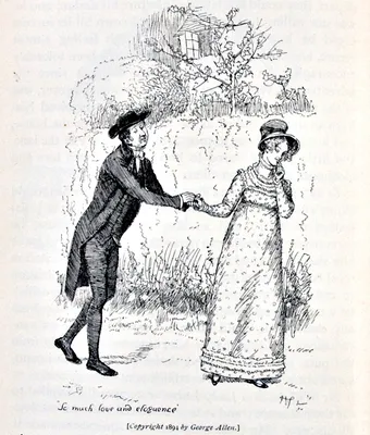 Mr. Collins earnestly clasping Elizabeth Bennet's hand in a garden while she looks away, pen-and-ink illustration