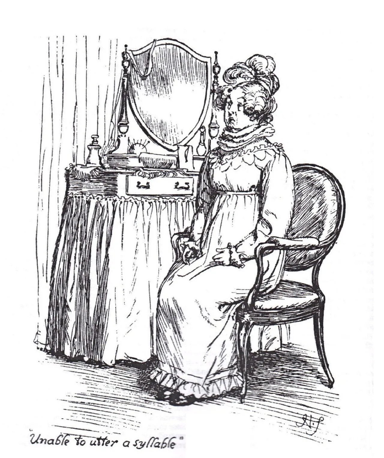 Mr. Bennet sitting stunned at his dressing table, pen-and-ink illustration