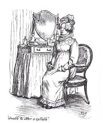 Mr. Bennet sitting stunned at his dressing table, pen-and-ink illustration